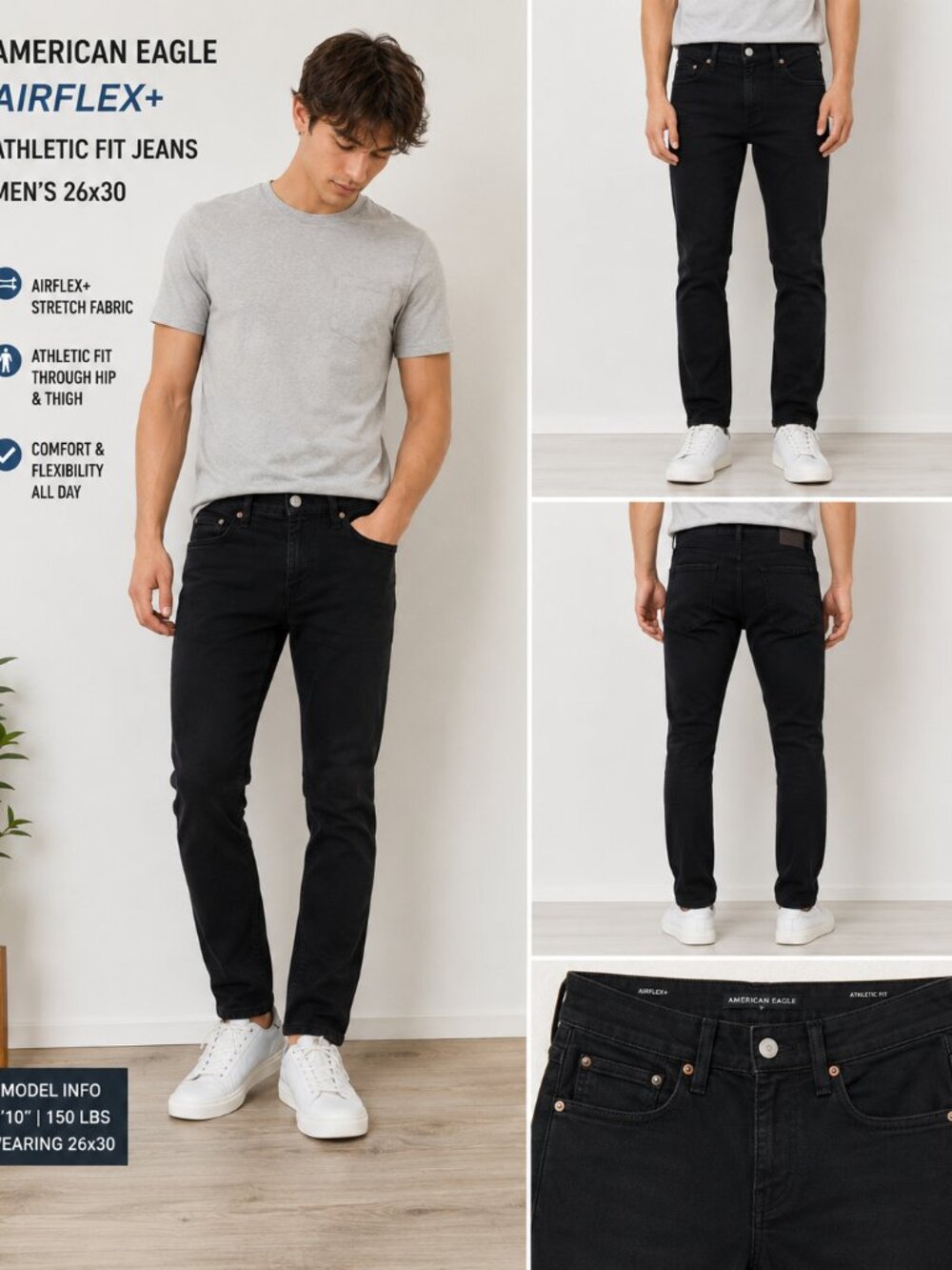 NWT American Eagle AirFlex+ Athletic Fit Jeans Men’s 26x30 Black Stretch Denim